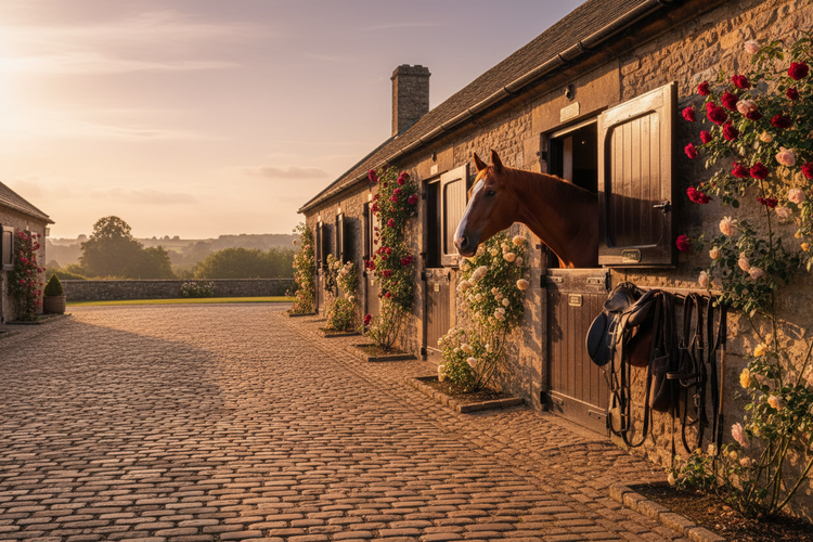 Stable Yard with warm cobblestones bathed in golden summer light, a chestnut horse gazing over it's well cared for stable door. Flowers grown up the walls.