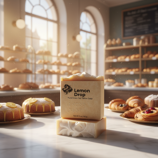 Lemon Drop tallow soap bars stacked among pastries and steaming bread in a golden sun-drenched French patisserie.