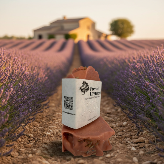 Two French Lavender bars stacked on a gravel path, QR code panel facing out, lavender rows leading to a Provence farmhouse.
