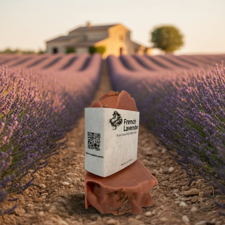 Two French Lavender bars stacked on a gravel path, QR code panel facing out, lavender rows leading to a Provence farmhouse.