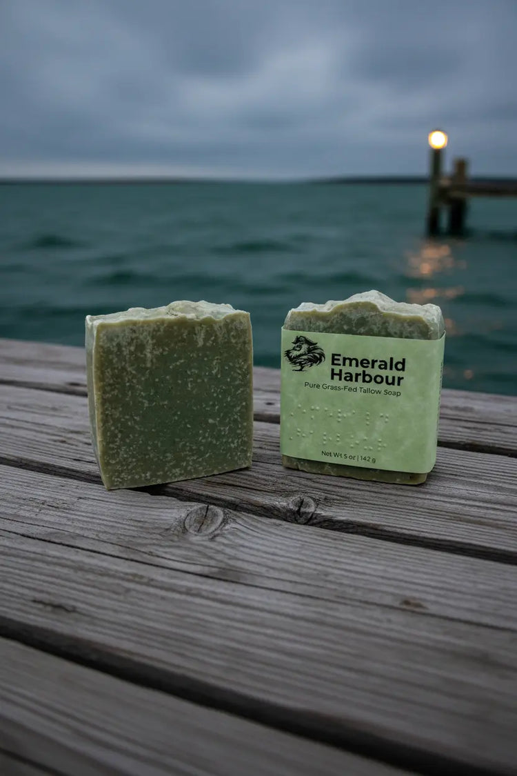 Stacked — Weathered Dock Emerald Harbor Two bars side by side, one unwrapped, jetty lights glowing behind.