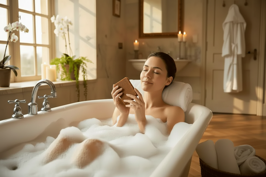 Stone Ground - artisan coffee soap with a lady in a bathtub