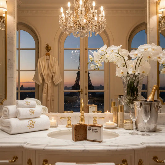 Stone Ground tallow soap bar at a marble sink beneath a crystal chandelier, white orchids and fresh towels, Eiffel Tower fading in dusky Paris light