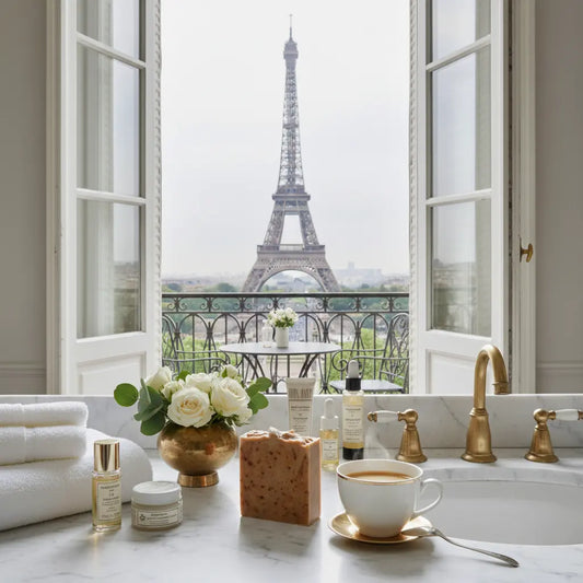 Stone Ground tallow soap bar on a marble sink beside a morning coffee, fresh roses glowing in summer-time warmth, Eiffel Tower across the balcony beyond.