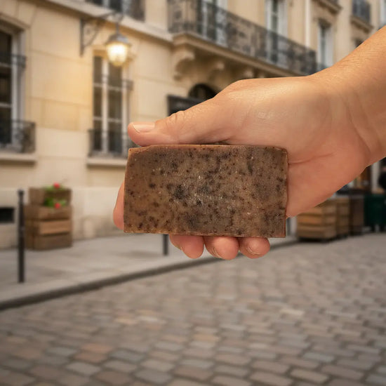 Stone Ground natural soap bar with dark botanicals, set against a warm Parisian stone wall background.