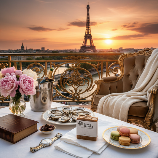 Stone Ground sunset Paris, a cashmere throw, a linen balcony with roses, macaroons and oysters, sun slipping past the Eiffel Tower beyond.