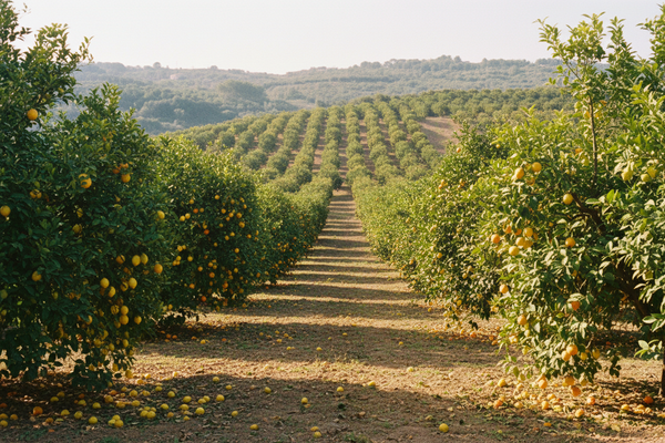 Sun-Drenched Citrus - Sicilian citrus grove, golden afternoon light through lemon trees