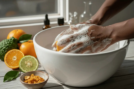 Sunshine & Citrus  - Hands lathering soap with rich bubbles in spa-like bathroom with citrus fruits
