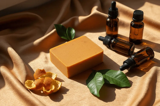 Citrus & Sunshine - Aromatherapy Bergamot and sweet orange soap surrounded by dried orange peels, bergamot leaves and essential oils
