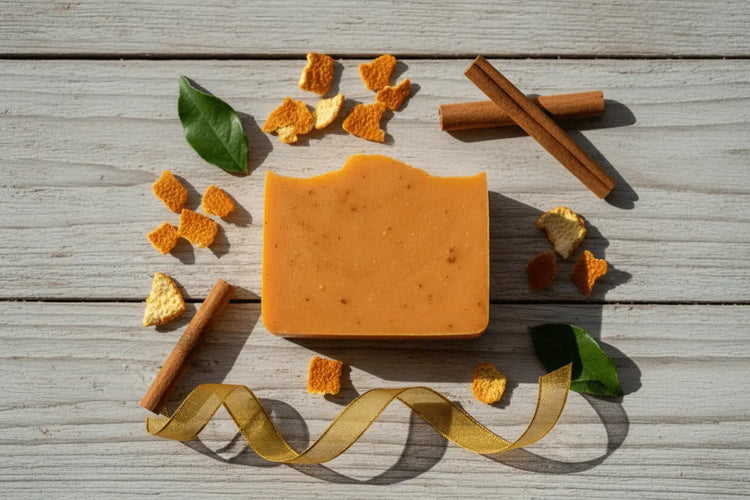 Sunshine & Citrus - on light wood with citrus zest, cinnamon sticks and golden ribbon