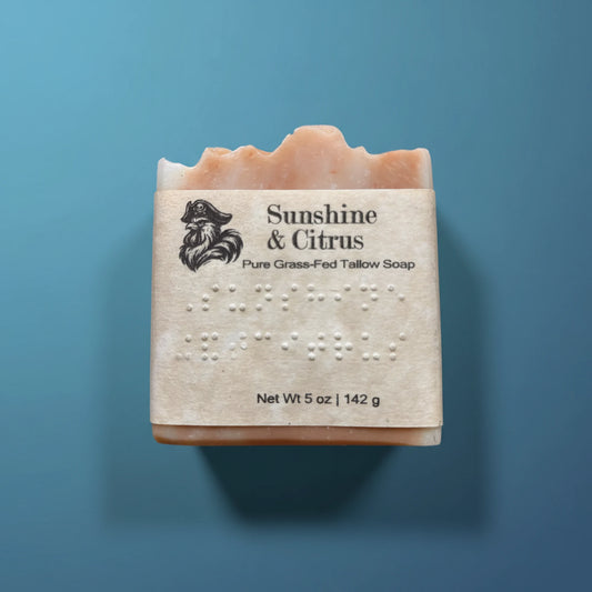 Sunshine & Citrus | Grass Fed Tallow Soap Bar Blind Pirate Soap Co. — full label and braille on the front 