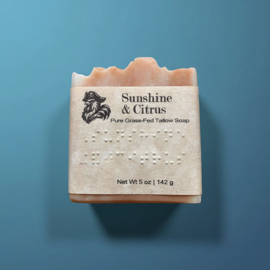Sunshine & Citrus | Grass Fed Tallow Soap Bar Blind Pirate Soap Co. — full label and braille on the front 