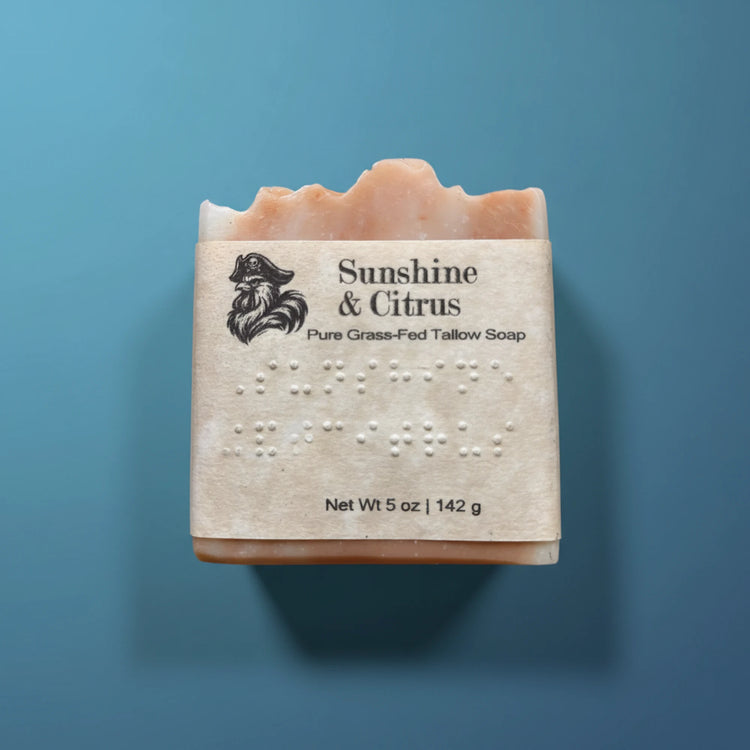 Sunshine & Citrus | Grass Fed Tallow Soap Bar Blind Pirate Soap Co. — full label and braille on the front 