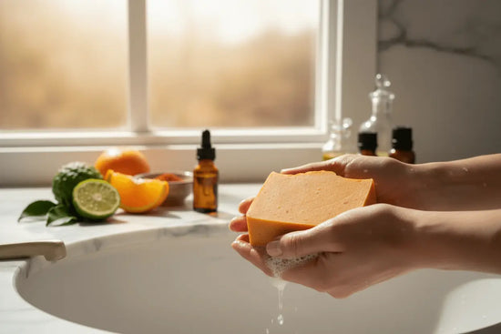 Citrus & Sunshine- Elegant Bath Person using bergamot and sweet orange soap in elegant bathroom with sophisticated citrus atmosphere