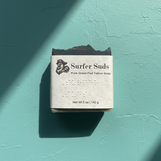 Surfer Suds — Blind Pirate Soap with full label and braille on the front of the label.
