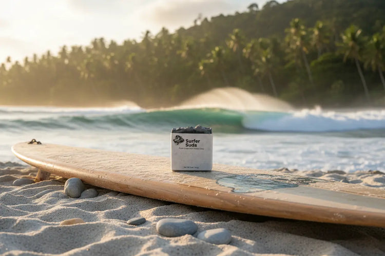 Surfer Suds tallow soap front panel on a weathered surfboard, lush tropical Siargao, Philippines glowing behind.
