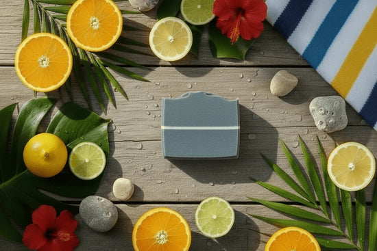 Surfer Suds - Surf Life Surfer suds soap on weathered wood with fresh citrus, ocean pebbles and striped beach towel