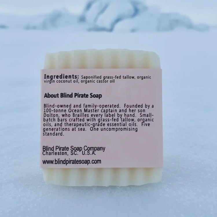 Syrena tallow soap back panel — ingredients, About Blind Pirate Soap story, Charleston SC. Saponified grass-fed tallow.