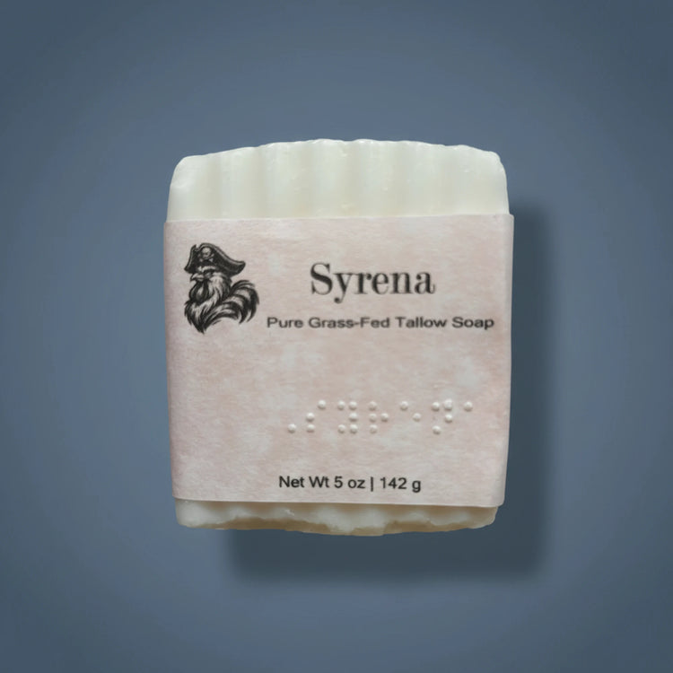 Syrena | Grass Fed Tallow Soap Blind Pirate Soap Co. — Blind Pirate Soap with full label and braille on the front of the label.