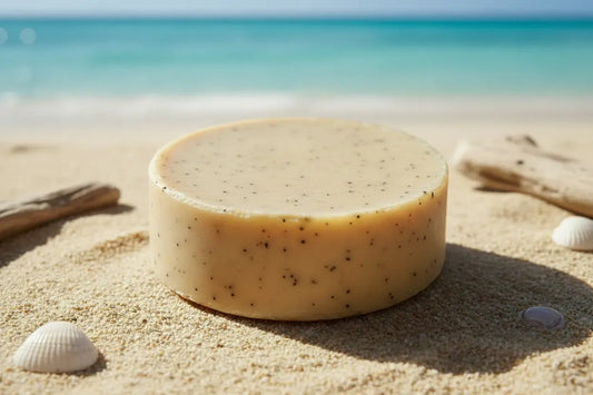 Beach Rain | Grass Fed Tallow | Shampoo Bar Blind Pirate Soap Co. full passage round bar on the beach near the ocean.