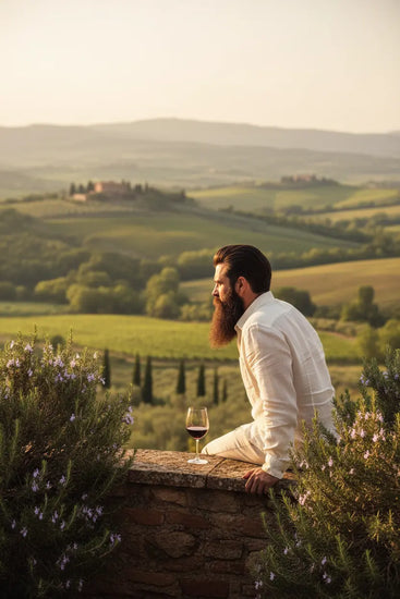 Terrace Lifestyle man with thick healthy, beard sits a top a stone wall, overlooking a rolling countryside.