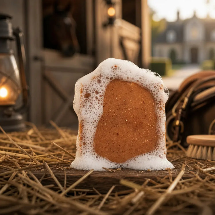 The Stable — In-Use Lather Shot A dark horse with a star on its forehead looks on as a warm lantern lights the yard.