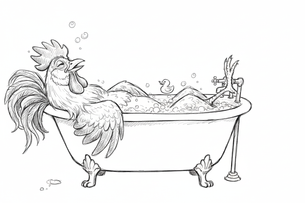Black and white drawing of relaxed rooster in clawfoot bubble bath with rubber ducky and Blind Pirate Soap - pure bliss