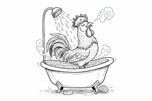 Black and white drawing of happy rooster in shower with daisy flower cap, Blind Pirate soap, scrubby, steam, and big smile