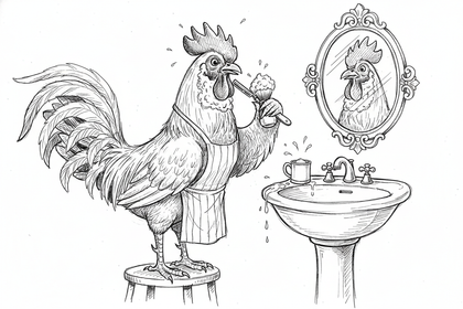 Black and white drawing of rooster in apron at sink using Blind Pirate beard balm and shaving soap with brush and razor
