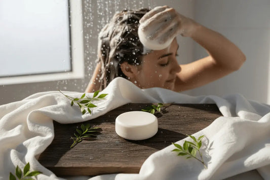 Unscented Shampoo Bar - Rustic Wood Rustic flat lay of unscented shampoo bar on wooden board with a woman shampooing her hair