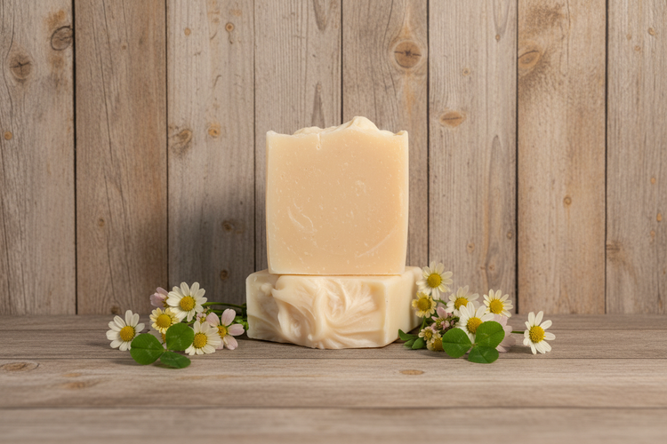 Unwrapped Milk & Honey bar rests on a weathered wooden shelf, soft wildflowers gathered warmly around it.