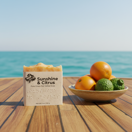 Sailboat Deck | Sunshine & Citrus tallow soap bar beside a bowl of fresh oranges and limes on a teak deck, sparkling Mediterranean ocean shimmering behind.