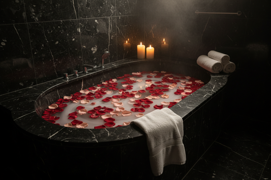 Velvet Rose | Dark marble luxury milky rose-infused bath in a black marble luxury tub, blush petals floating, soft steam rising.