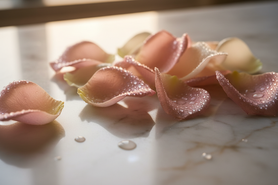 Velvet Rose | Dewy blush petals on warm white marble