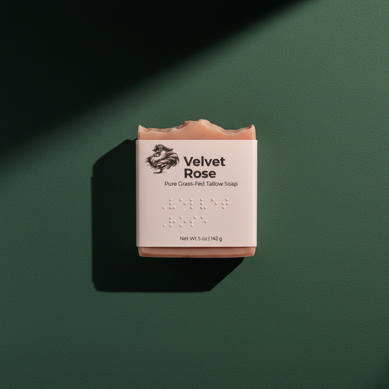 Velvet Rose — Blind Pirate Soap with full label and braille on the front of the label.