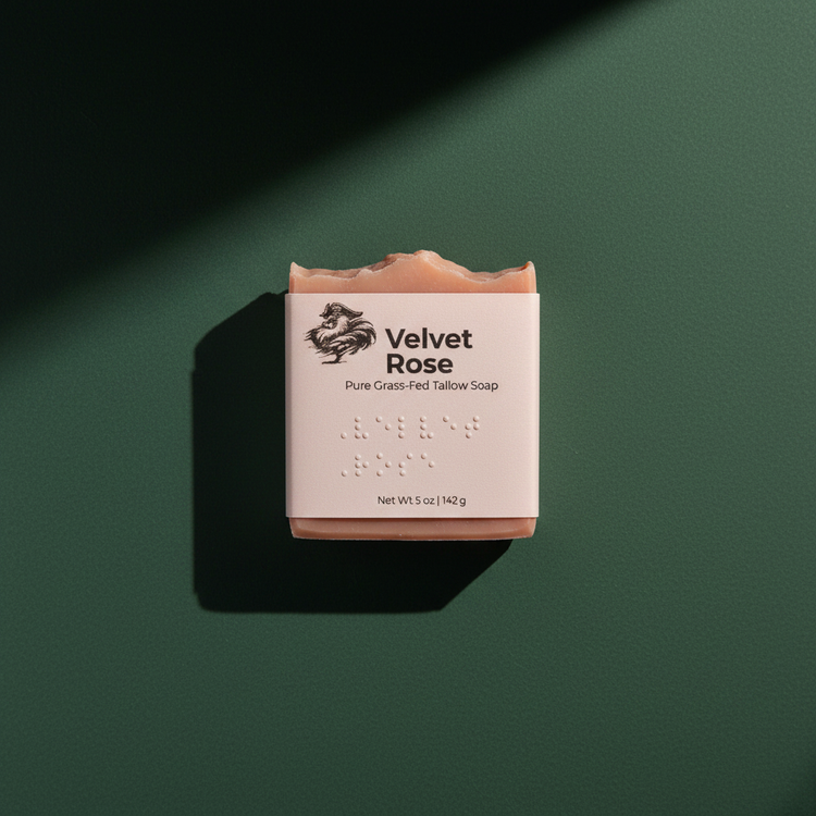 Velvet Rose — Blind Pirate Soap with full label and braille on the front of the label.