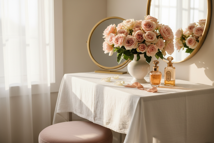 Velvet Rose | Blush roses, golden morning light filters through sheer curtains onto an elegant vanity, a vase of blush pink roses glowing warmly.