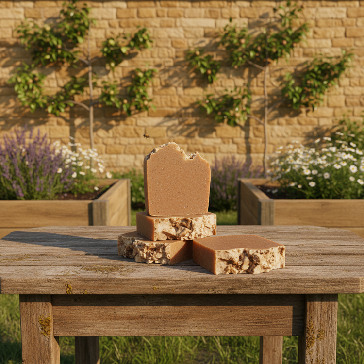 Several unwrapped Oatmeal & Honey tallow soap bars on a weathered teak farm table beside a stone wall and espaliered fruit sapling trees in warm sun.