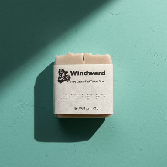 Windward — Blind Pirate Soap with full label and braille on the front of the label.